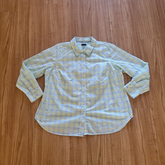 Talbots Top Shirt Womens 1X Petite Blue Yellow Plaid Button Down Casual Career - Picture 2 of 11